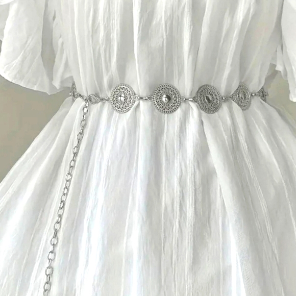 Silvertone Disc Chain Metal Statement Belt - Picture 2 of 5